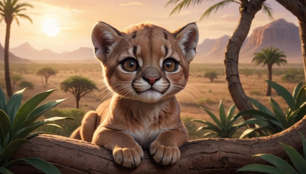 An animated cub perches on a branch, surrounded by lush foliage, with a sunlit African savannah stretching into the distance