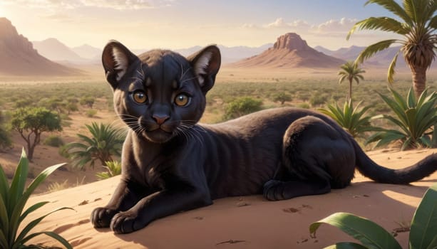 A realistic black panther lies amidst a desert oasis, its bright yellow eyes and shiny fur highlighted by sunlight