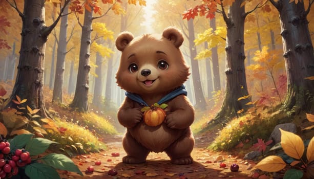 A cartoon bear enjoys the fall season in a forest, holding a pumpkin, adorned with a blue ribbon and medal
