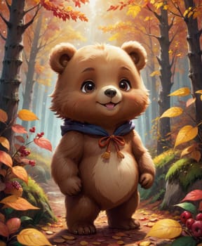 A cartoon bear enjoys autumn in the forest, playfully holding a pumpkin, with a festive blue ribbon and medal