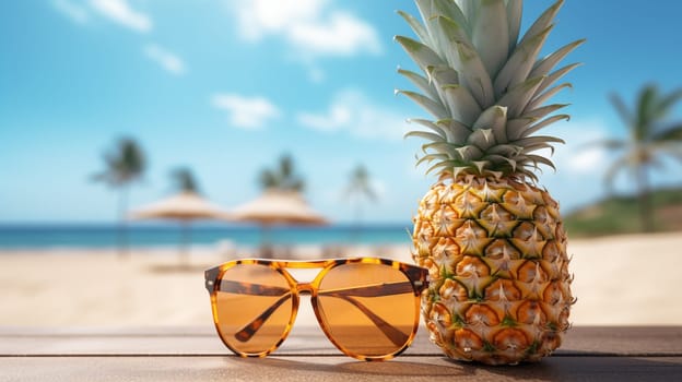 Fresh Pineapple and sunglasses stand on the beach.