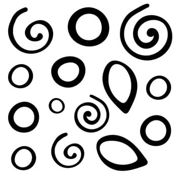 Set of Different Elegant, Curly Swirls, Leaves and Flourishes for Decoration. Hand Drawn Doodle Cartoon Illustration. Black and White Floral Elements.