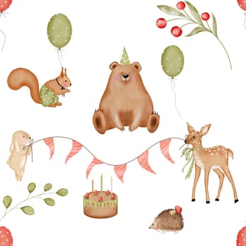 Watercolor seamless pattern of cute forest animals. Cute bear, fawn, bunny, hedgehog and squirrel. Birthday of animals in the forest. For printing on textiles and children's bedding. High quality illustration