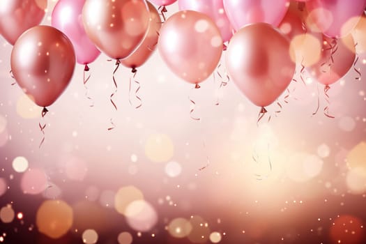 Pink background with a composition of pink air balloons with sparkles, glare, bokeh. Place for text.