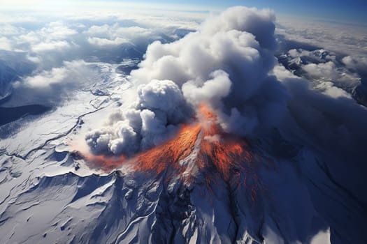 Powerful volcanic eruption in snowy mountains.