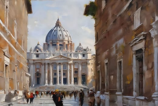 AI generated oil painting of abstract pedestrian street leading to St Peter Basilica.