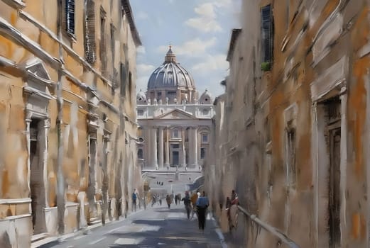 AI generated oil painting of abstract pedestrian street leading to St Peter Basilica.