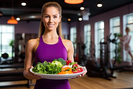 Young energetic woman in sportswear smiling while holding a variety of fresh vegetables in the gym, radiating the joy of healthy lifestyle and wellness.