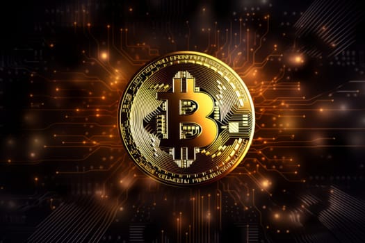 Gold bitcoin on a dark digital background, cryptocurrency concept