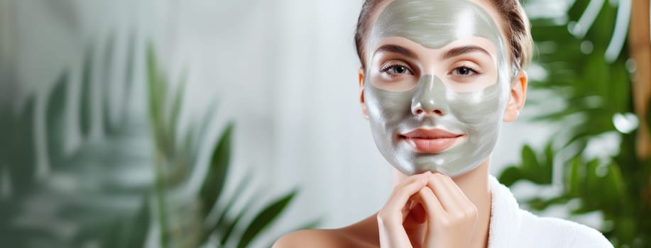 A young woman with beautiful skin applies a moisturizing therapeutic face mask as part of her skincare routine, ensuring a healthy and radiant complexion. She pampers her skin at home.