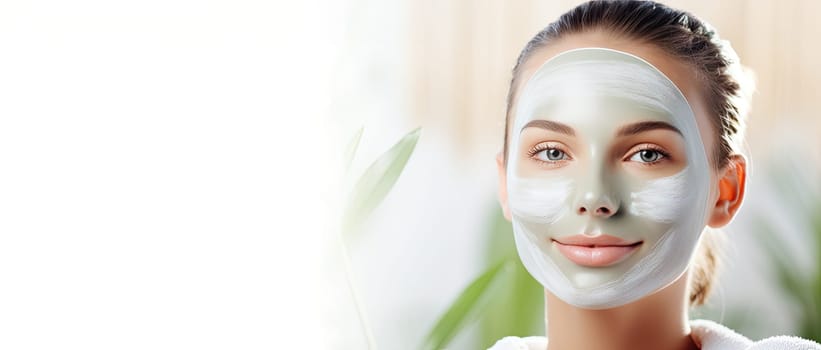 Close-up of a young woman wearing a moisturizing healing mask on her face, focusing on beauty and skin care concept for relaxation and self-care at home. Banner