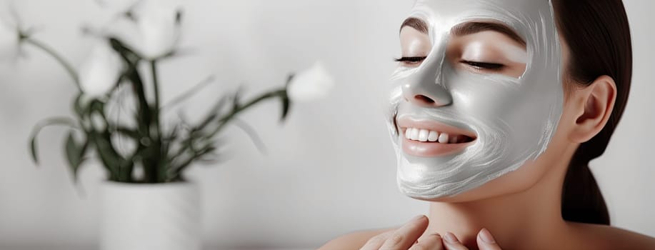 A banner with a picture of a girl who has done a skincare routine with a moisturizing mask to draw attention to the importance of skin care and skin health.