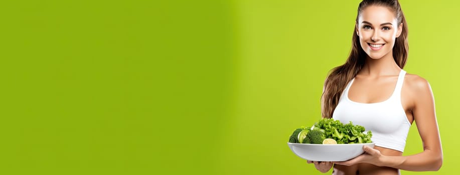 A promotional banner featuring a sporty girl and a plate of fresh vegetables promoting fitness and nutrition. The image demonstrates a healthy lifestyle and encourages viewers to make healthy food choices.