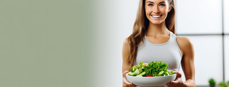 A striking advertising banner that depicts a sporty young woman in sportswear smiling and holding a bowl filled with a variety of fresh colorful vegetables, promoting a healthy and active lifestyle.
