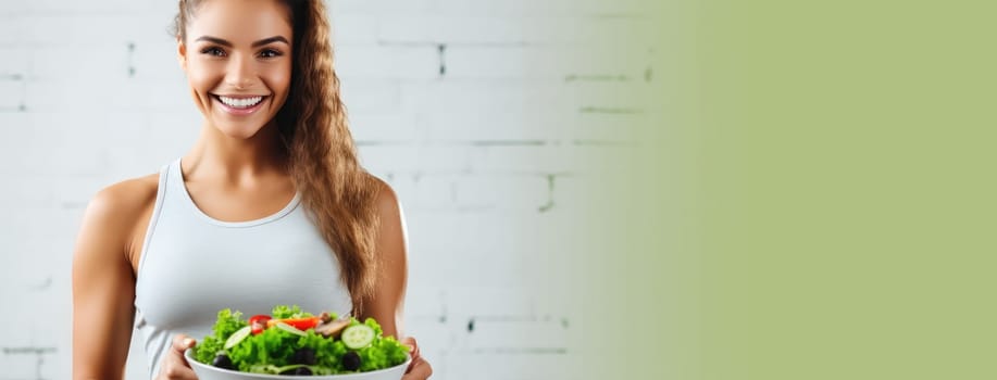 Portrait of active, athletic girl advocating for healthy eating, displaying a variety of fresh organic vegetables in a bowl. Perfect for promoting fitness and wellness concepts.