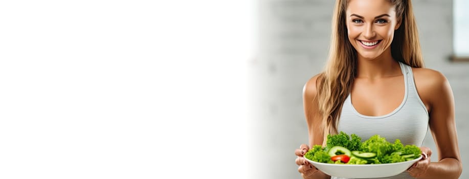 Portrait of active, athletic girl advocating for healthy eating, displaying a variety of fresh organic vegetables in a bowl. Perfect for promoting fitness and wellness concepts.