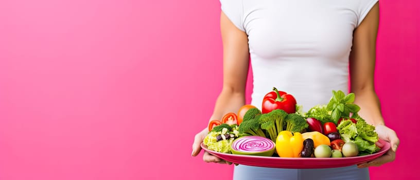 Photo of sporty girl with vegetables on pink background, healthy lifestyle