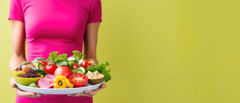 Photo of sporty girl with vegetables on olive background, healthy lifestyle.