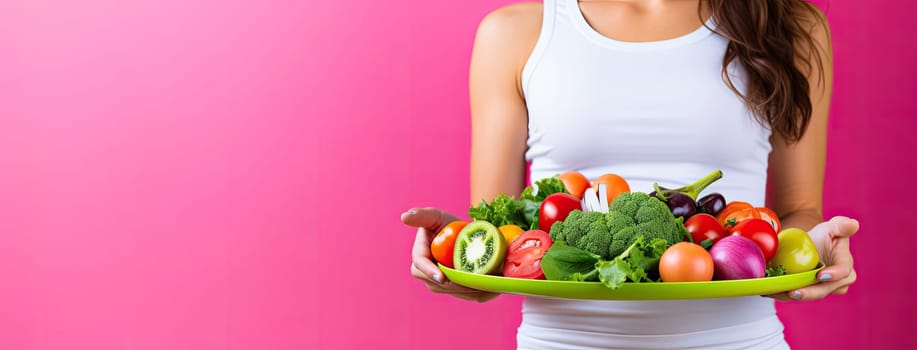 Photo of sporty girl with vegetables on pink background, healthy lifestyle