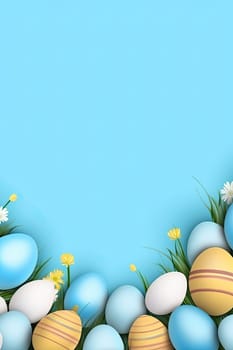 Colorful Easter egg banner design with a festive and cheerful atmosphere on a bright blue background is perfect for celebrating special occasions and the Easter holiday season.