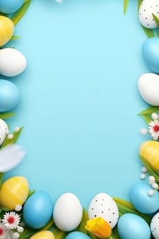 Bright blue background with colorful easter egg banner for festive decoration and festive design. Perfect for Easter projects and greeting cards.