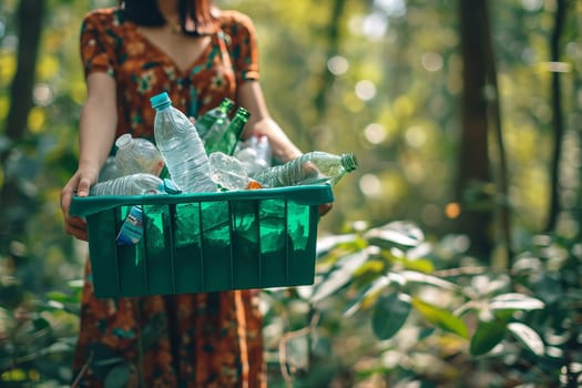 Closeup photo of woman holding a garbage box recycling with plastic bottles on a forest nature green background. Nature de-plasticization concept