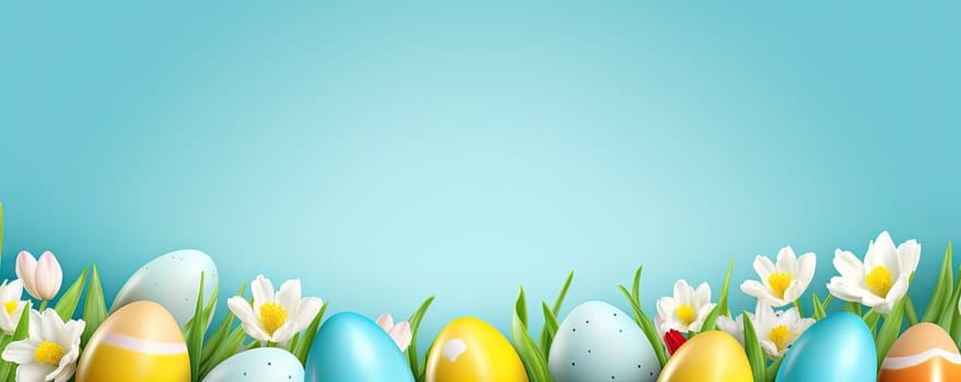 Festive Easter banner depicting a variety of colorful decorated eggs on a bright blue background. Perfect for Easter celebrations and promotions.