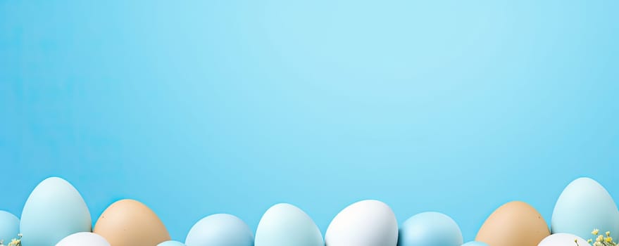 Exquisite Easter eggs in pastel colors isolated on a harmonious blue background.
