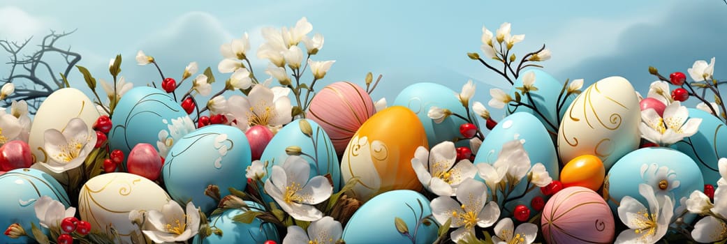 Easter eggs, decorated with bright hues and intricate patterns, combined with a delightful assortment of blooming flowers, evoke the joyful spirit of Easter and the beauty of spring