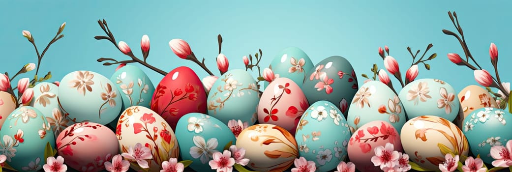 A collection of beautifully decorated Easter eggs in a variety of vibrant colors, decorated with fresh blooming flowers that capture the essence of Easter and the arrival of spring.