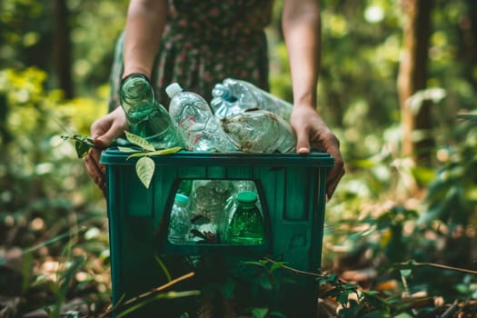 Closeup photo of woman holding a garbage box recycling with plastic bottles on a forest nature green background. Nature de-plasticization concept