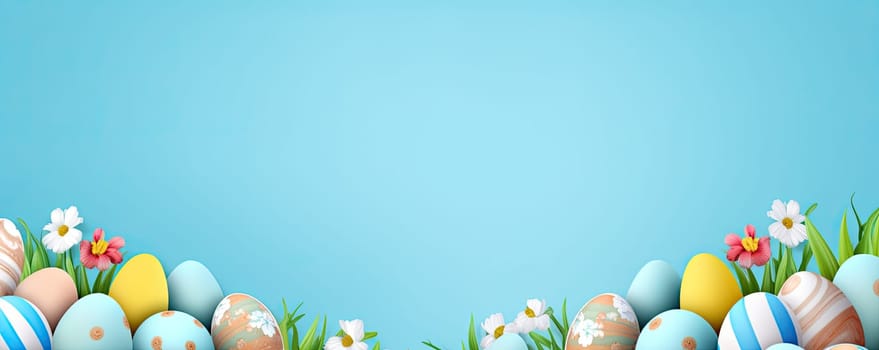 Colorful Easter eggs arranged in banner style on a bright blue background create a festive and bright composition for Easter celebration concepts.