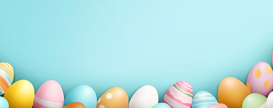 Colorful Easter eggs arranged in banner style on a bright blue background create a festive and bright composition for Easter celebration concepts.