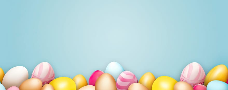 Colorful Easter eggs arranged in banner style on a bright blue background create a festive and bright composition for Easter celebration concepts.