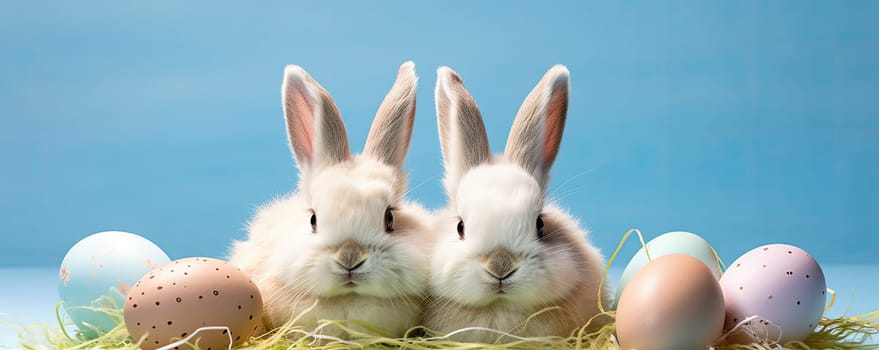 Adorable Easter bunnies delightfully delighted with colorful holiday eggs.