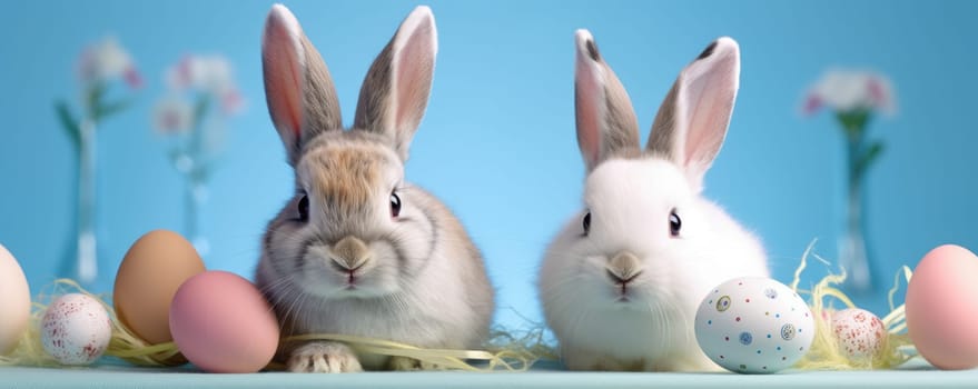 Cute fluffy bunnies playfully entertained with colorful easter egg decorations.