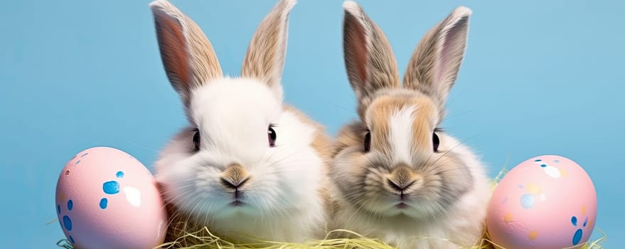 A couple of adorable Easter bunnies jump and play surrounded by bright and beautifully colored Easter eggs.