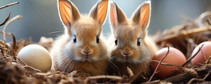 An adorable group of Easter bunnies surrounded by colorful painted eggs in a delightful natural setting, perfect for celebrating the holidays.