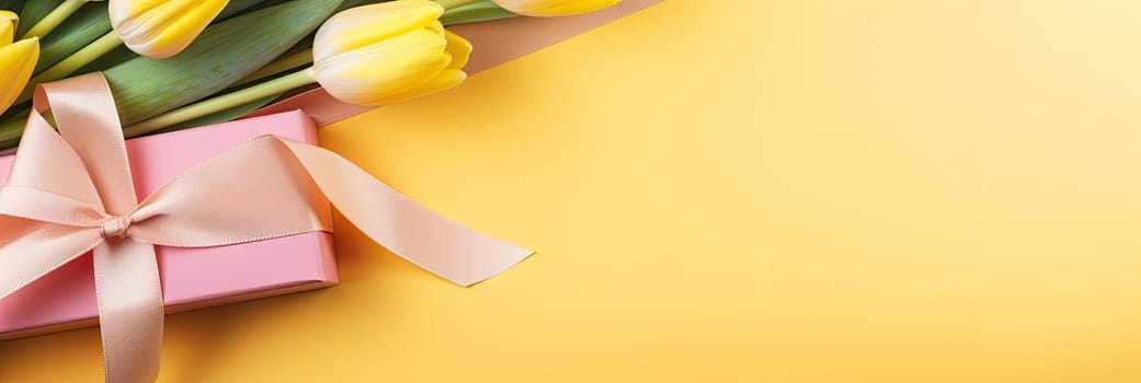 Cheerful spring tulip banner with bright flowers and festive box on sunny yellow background.