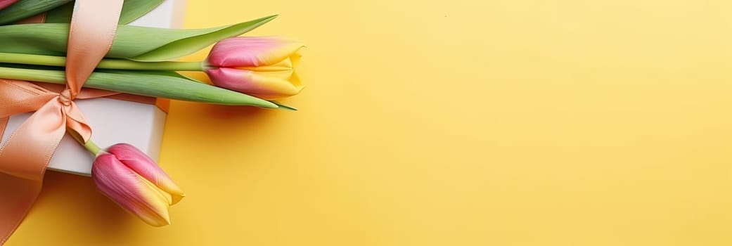Colorful banner of spring tulips with bright flowers neatly placed on yellow background. This look is perfect for fresh seasonal concepts and evokes a sense of spring beauty and joy