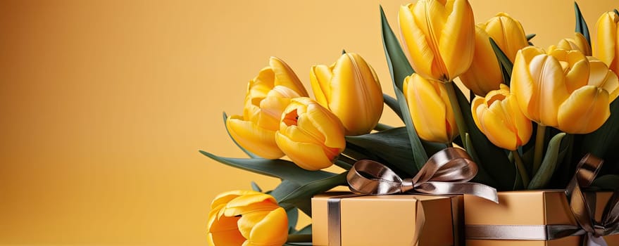 Close-up of beautiful tulip floral banner with bright yellow background in spring season concept