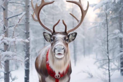 Smiling Reindeer with Santa clothes in the winter forest, sunny winter day