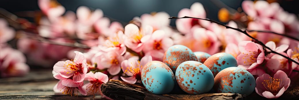 A collection of beautifully decorated Easter eggs in a variety of vibrant colors, decorated with fresh blooming flowers that capture the essence of Easter and the arrival of spring.