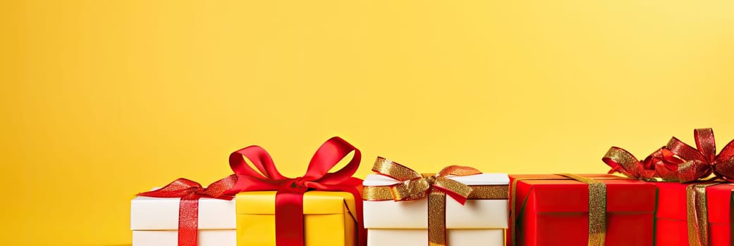 Bright gift boxes create a cheerful holiday mood on a juicy yellow background. Gifts are waiting for their recipients!