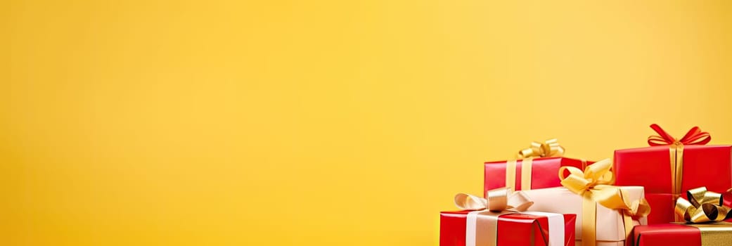 Bright gift boxes and colorful gifts create a festive mood on a bright yellow background. Fun awaits
