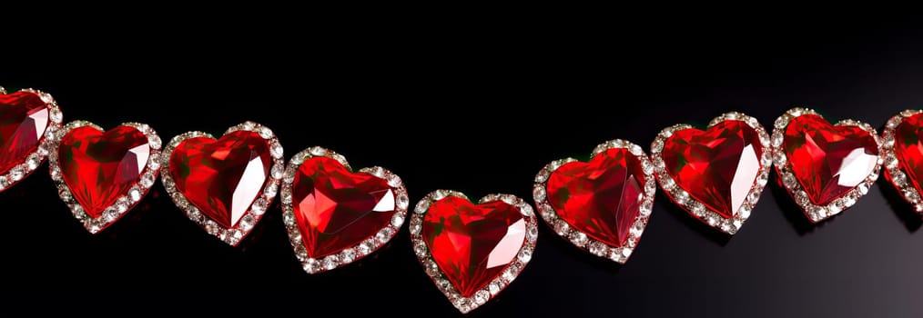 Exquisite red hearts made of precious stones create a luxurious combination with a black background, imbuing the image with passion and elegance.