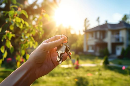 Closeup photo of hand holding house keys on the background of modern house with green lawn in sunny summer day