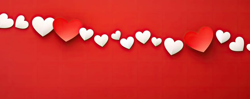 A multitude of red and white hearts on a bright red background create an atmosphere of love, passion and joy.