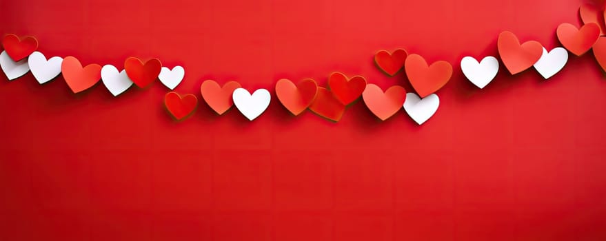 Bright red and white hearts on a contrasting red background add playfulness, coziness and warmth to the image.