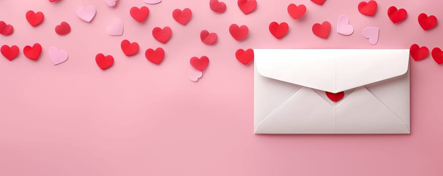 Envelope with hearts on pink background.